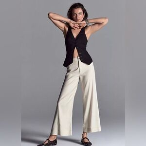 Anthropologie Maeve The Ettie Wide Leg Crop Pants Cream Linen Sz 26 NEW Beige